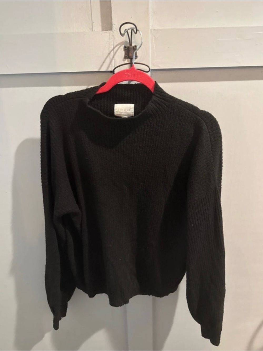 PINQUE Black Ribbed Knit Mock Neck Sweater Large L Balloon Sleeve Cozy Cropped